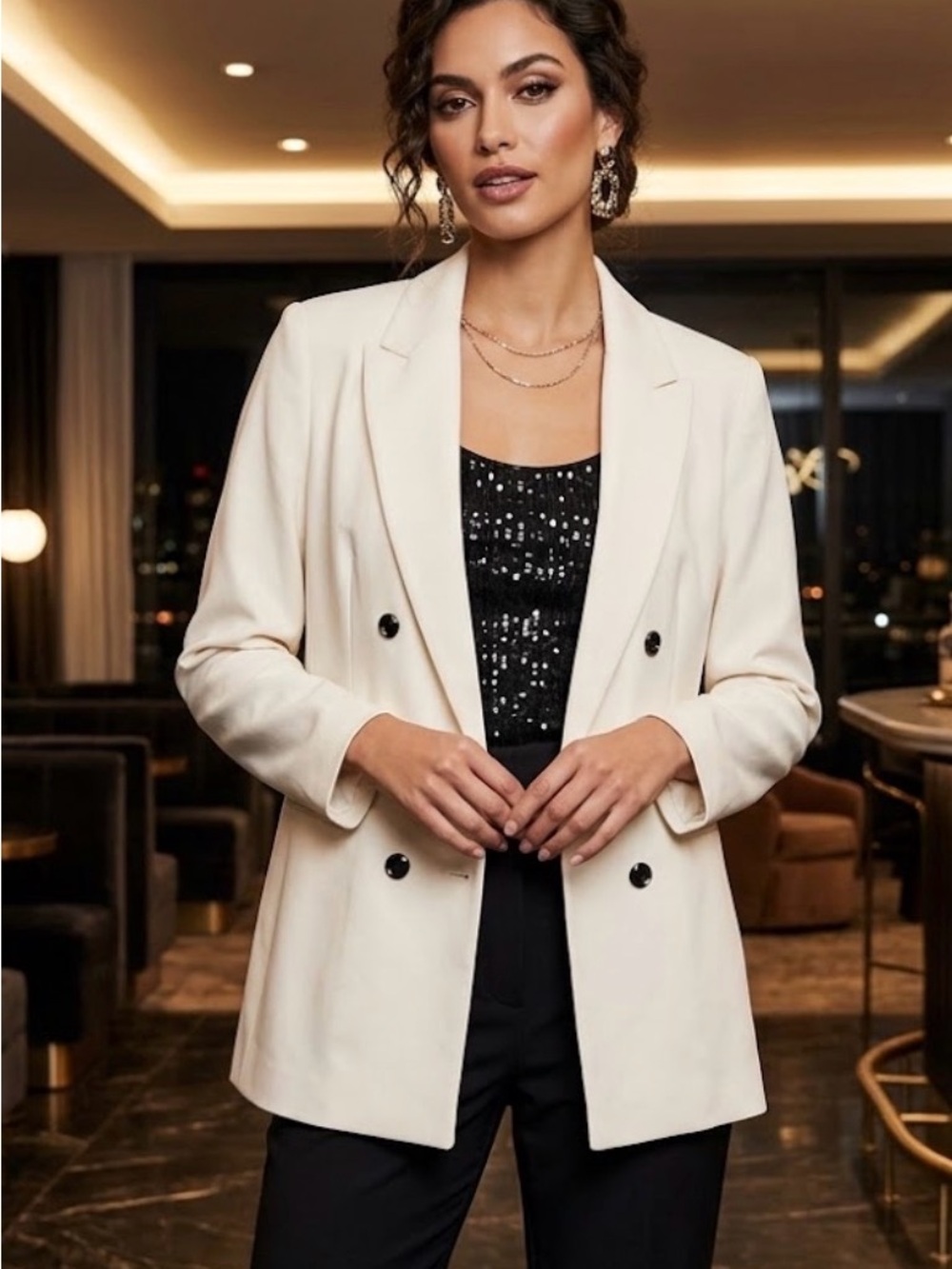 Bar III Ivory Double-Breasted Blazer with Black Buttons